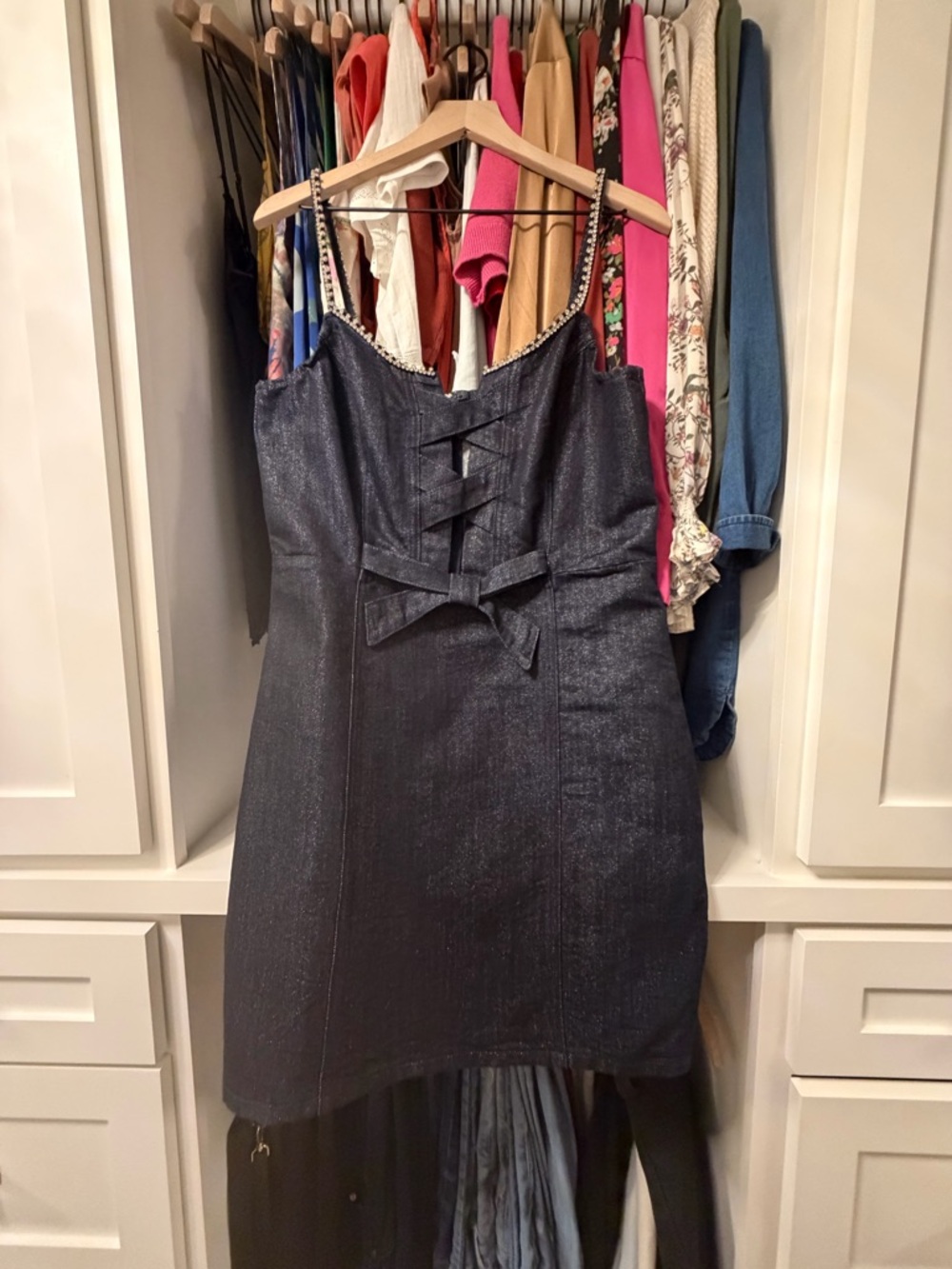Express Dark Blue Metallic Mini Dress with Bow Front